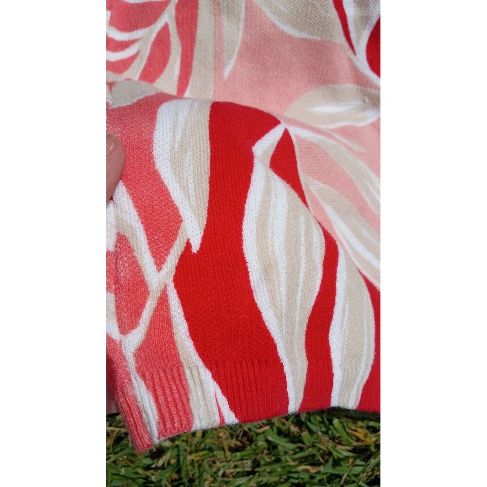 Beachy Coral Pink Tropical Palm Leaf Knit Top Cap Sleeve 100% Cotton Resortwear - Picture 7 of 8